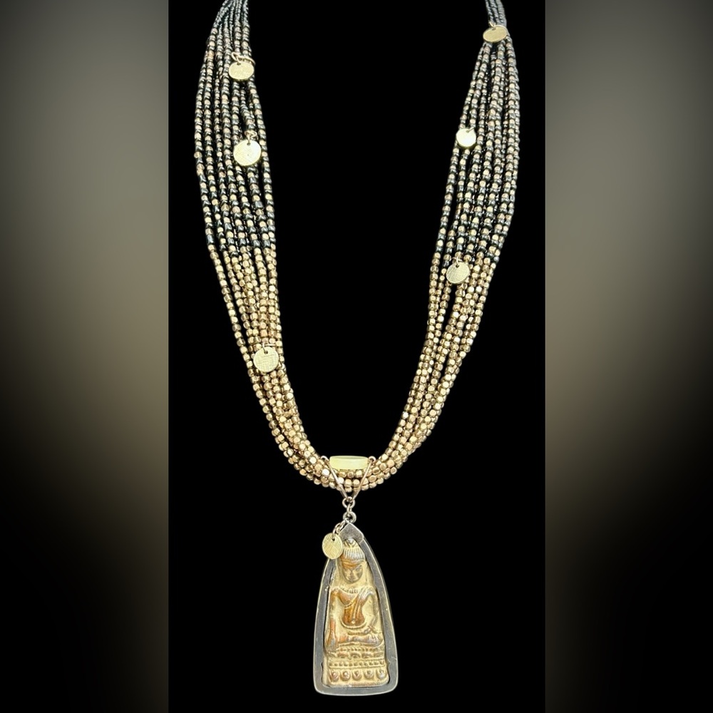 Vintage Phra Phrong Suphan Buddha Amulet on Handmade Gold & Black Bead Necklace